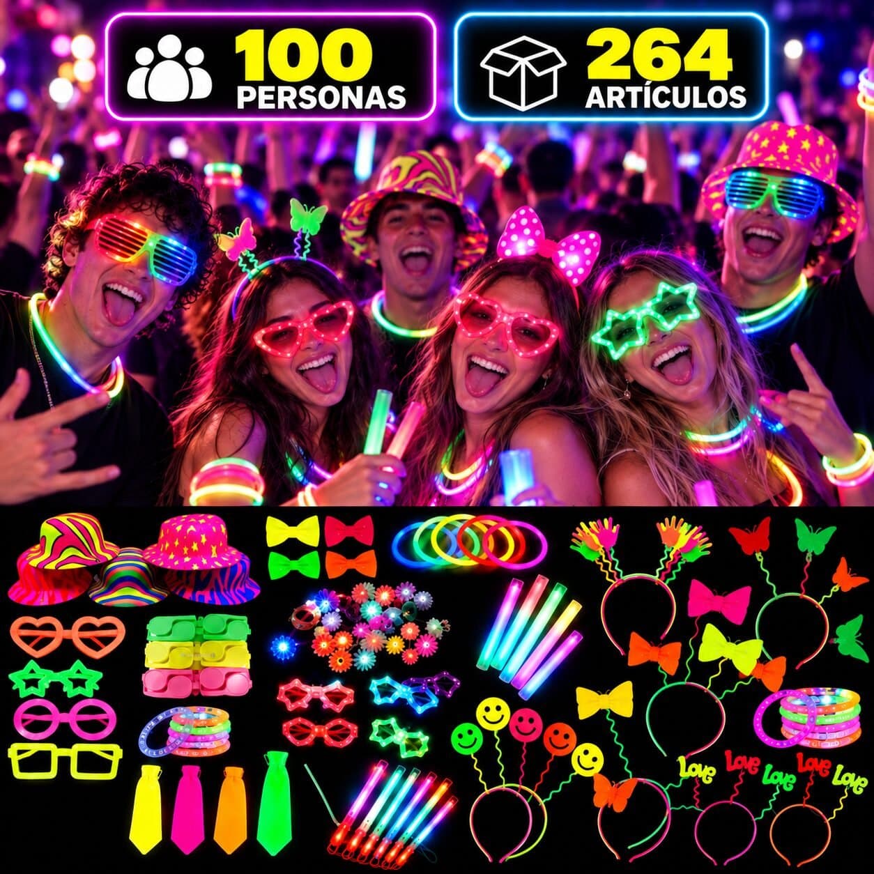 Combo cotillon fluo/luminoso 80 a 120 personas