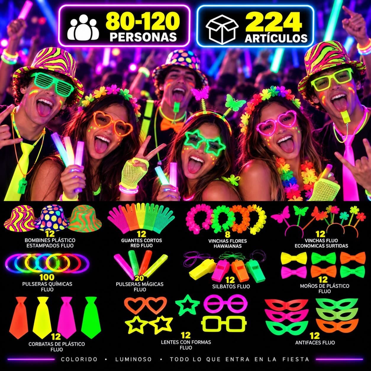 Combo cotillon SUPER fluo para 80-120 personas Economico