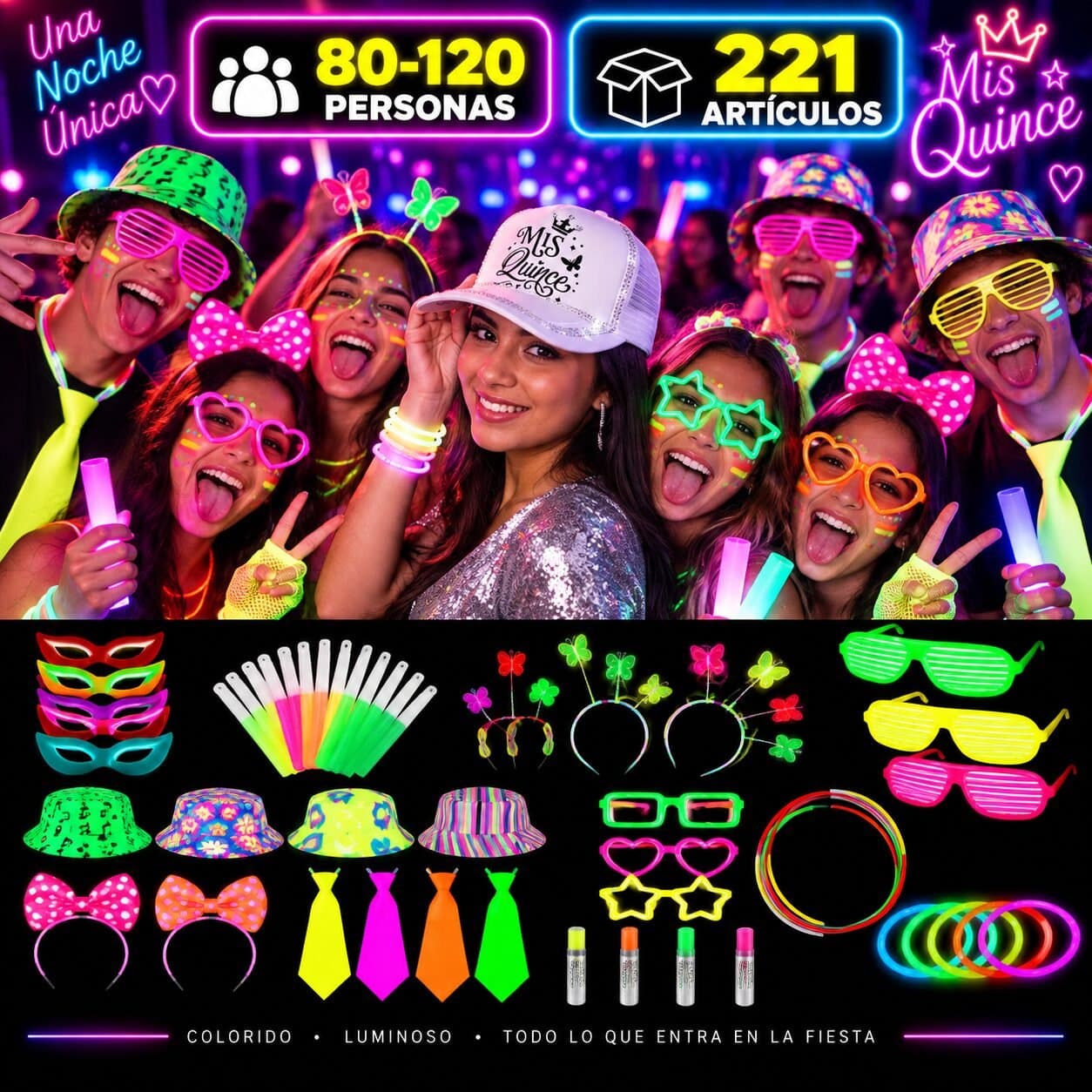 Combo cotillon fluo/luminoso 80-120 personas Mis quince