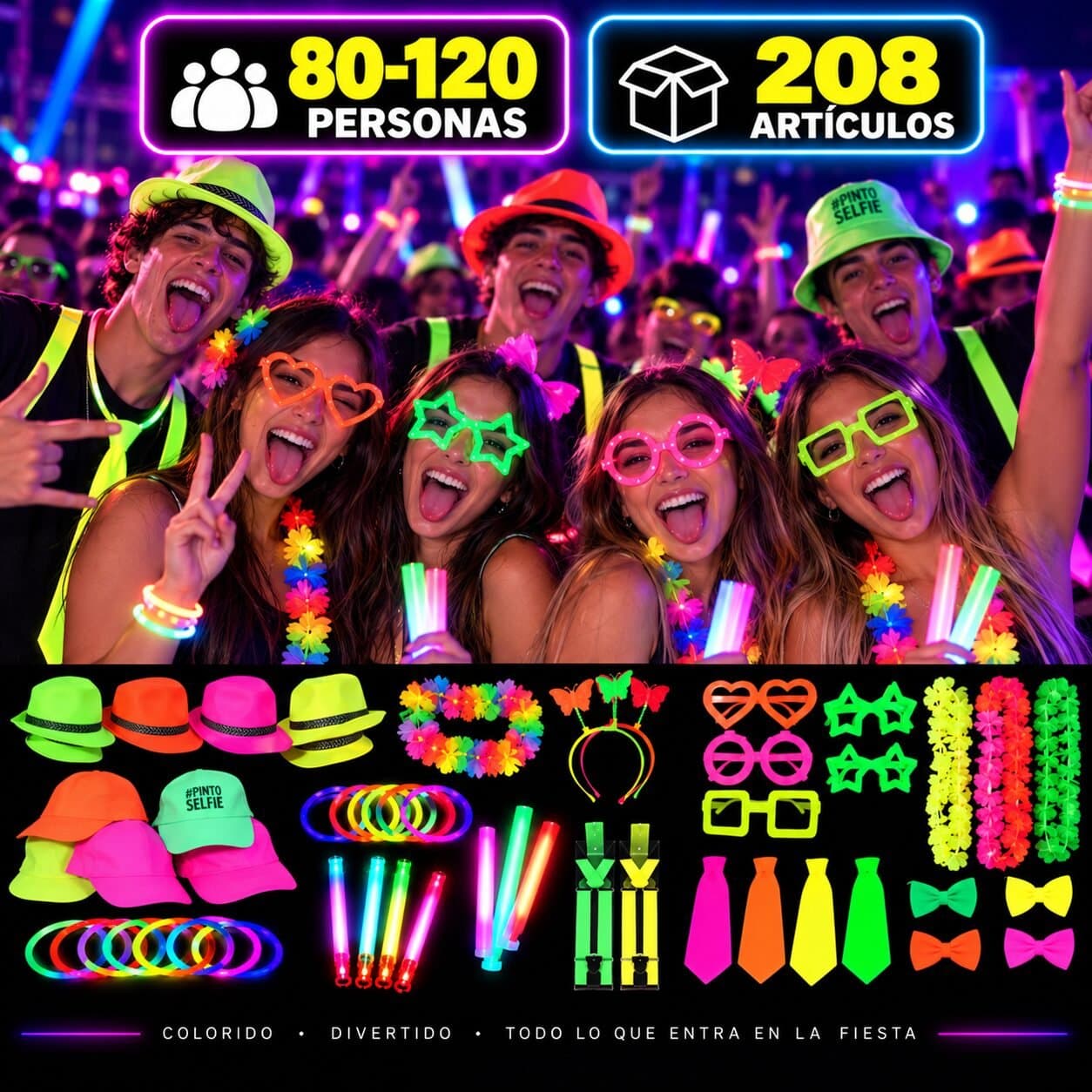 Combo cotillon SUPER fluo premium para 80-120 personas