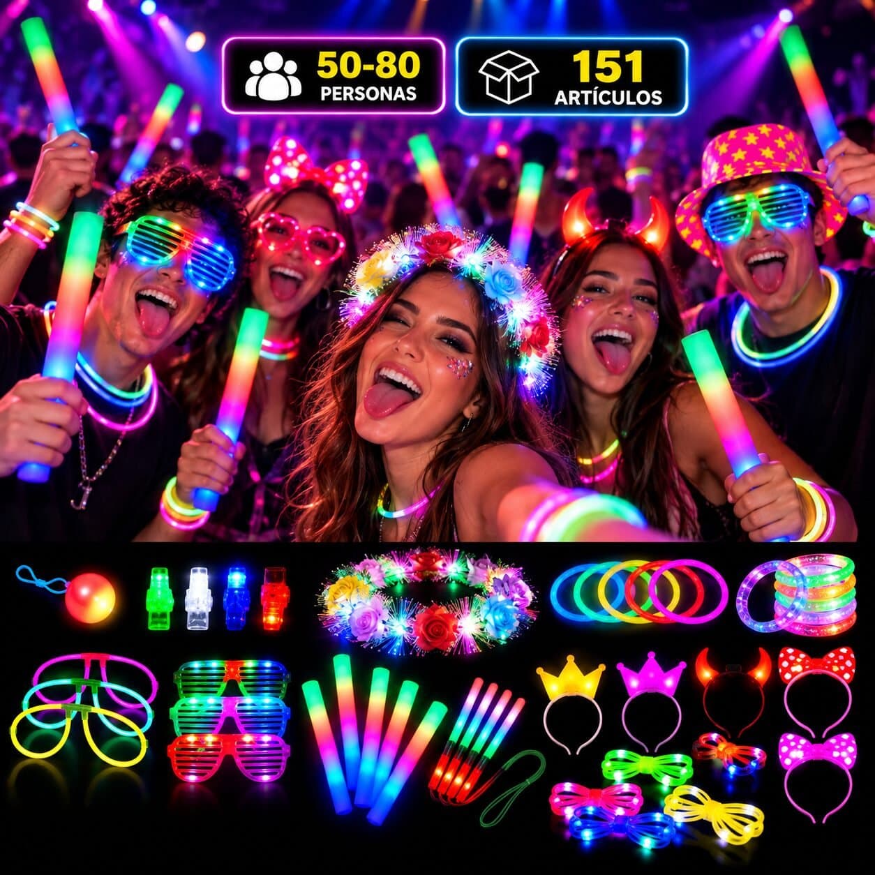 Combo cotillon luminoso 50-80 personas + regalo