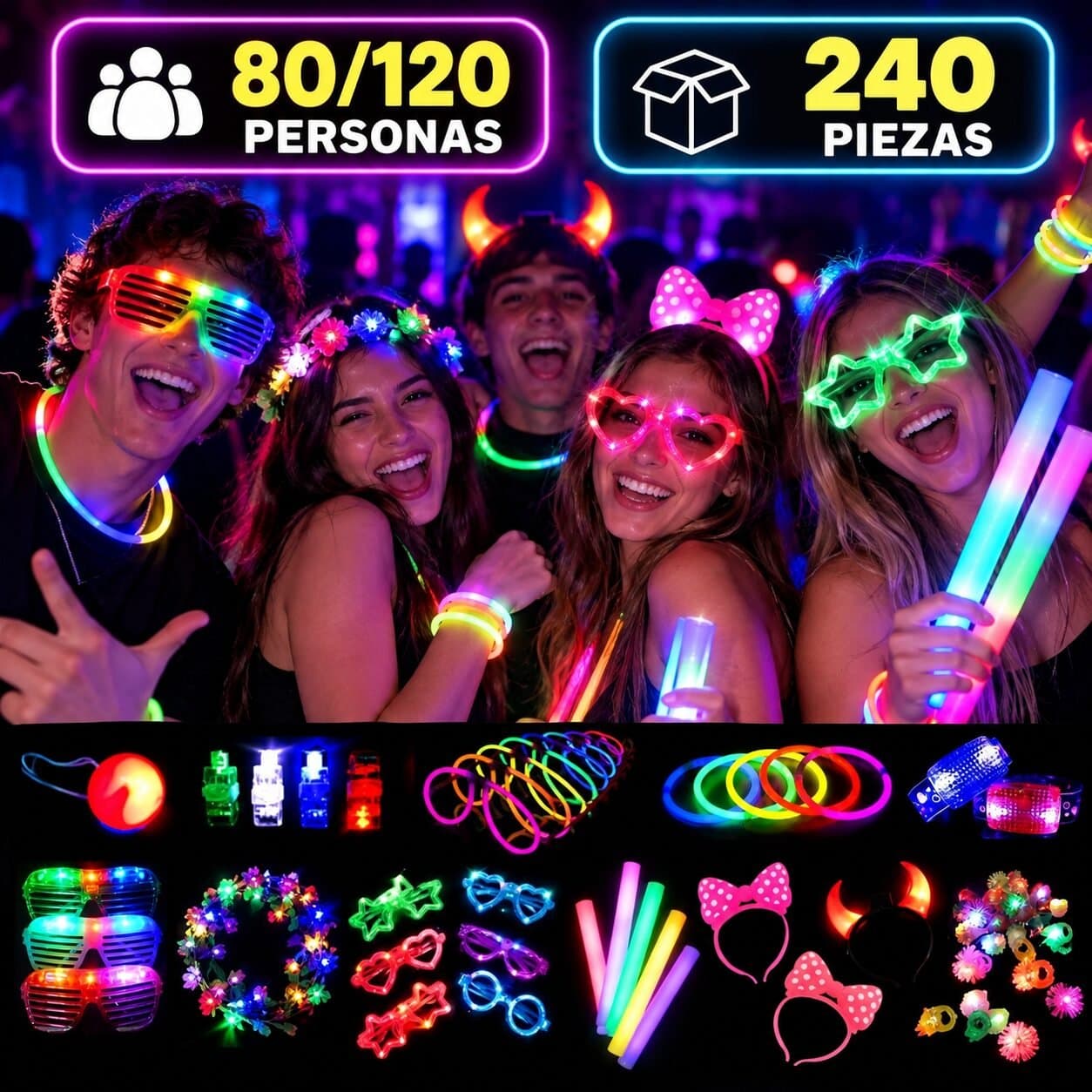 Combo cotillon luminoso 80-120 personas + regalo