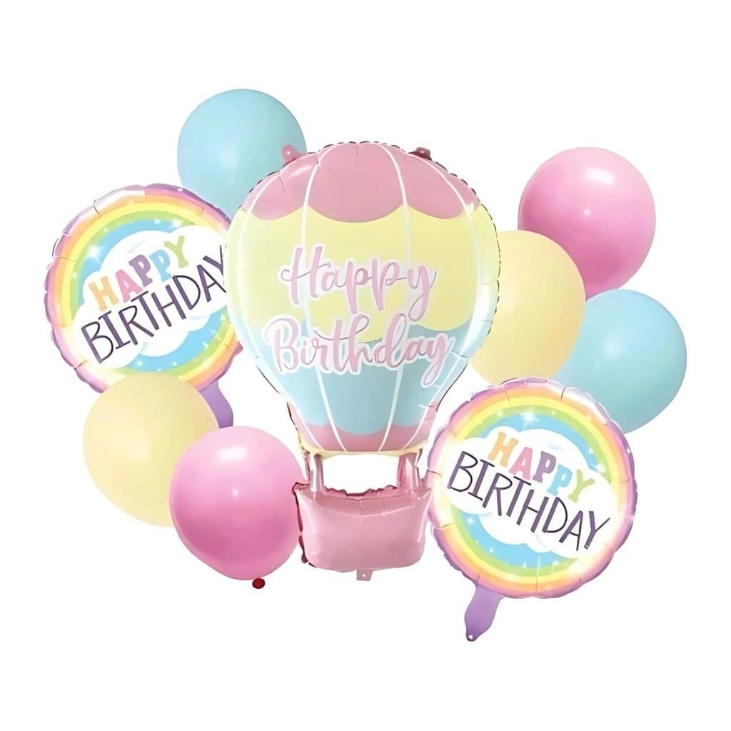 Set de globos aerostático Happy Birthday pastel
