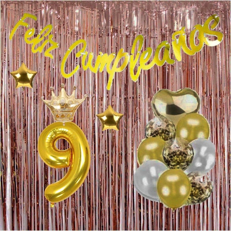Combo globos con guirnalda, coronita, cortina y numeros de 70 cm