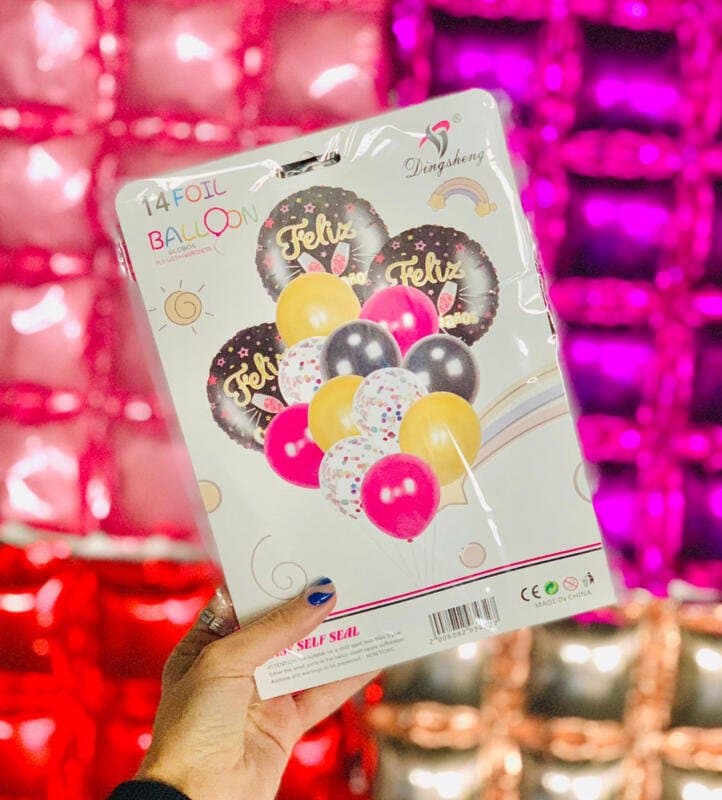 Set globos 14 piezas Feliz Cumple champagne