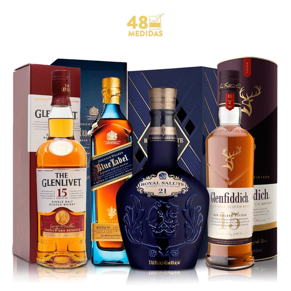 Pack Whisky de Lujo · Royal Salute 21, Blue Label, Glenfiddich 15