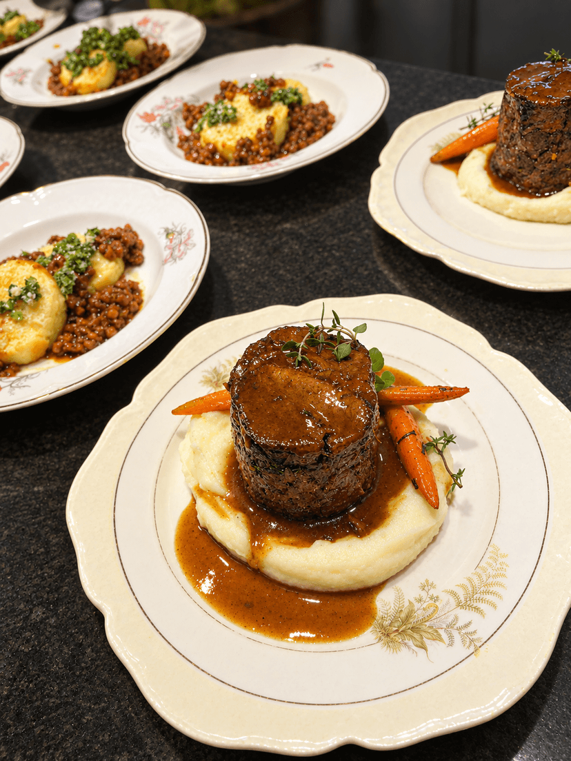 Plato de carne con puré y zanahorias glaseadas servido en vajilla antigua
